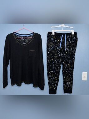 Comfort Code Black Celestial Print Pajama Set with Blue Drawstring